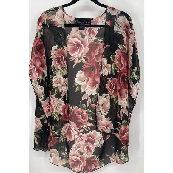 Polly & Esther Kimono Cover Up Size Medium M Black Pink Floral Sheer Women B5 - Picture 1 of 8